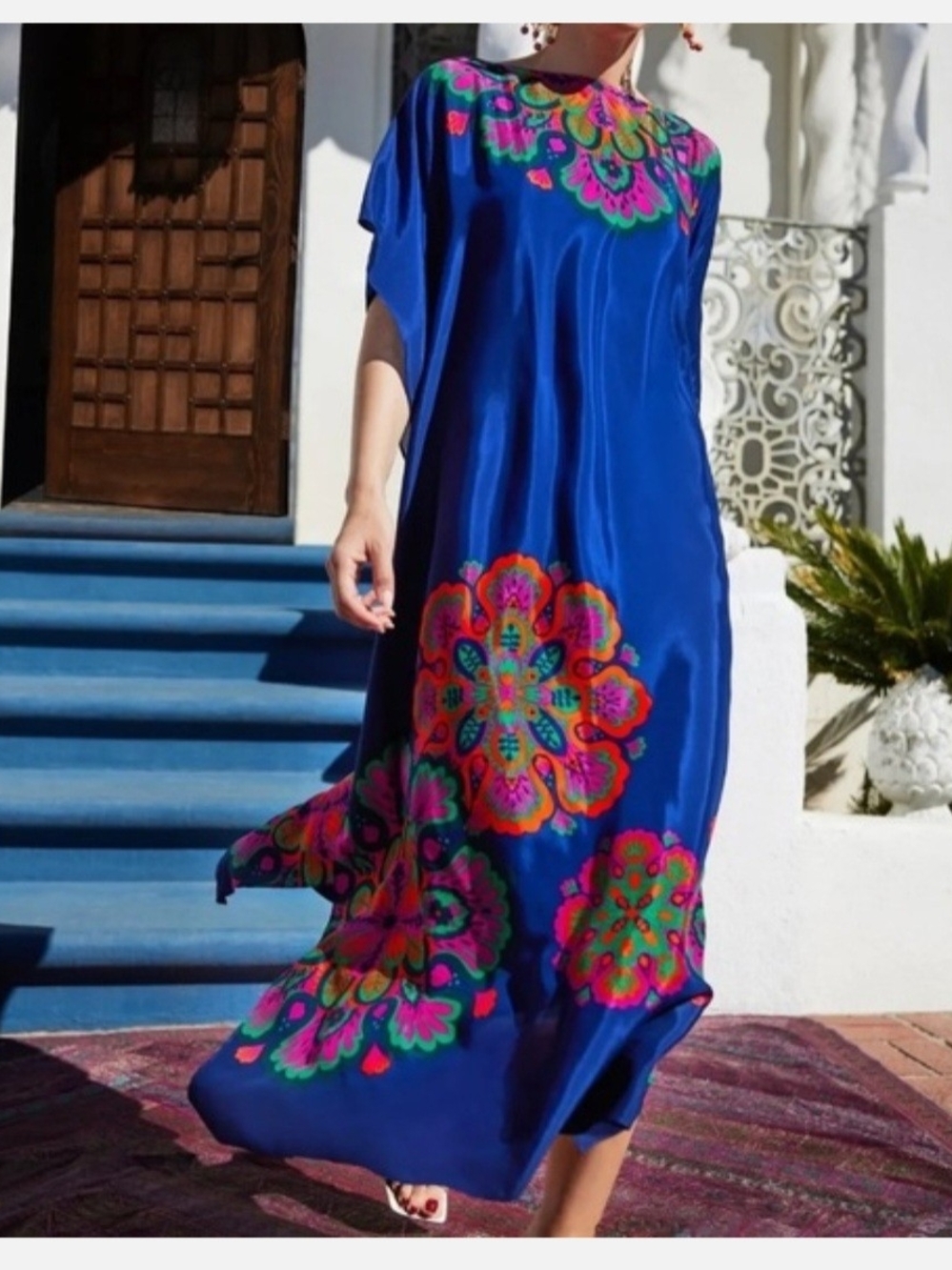 Trina Turk Royal Blue Maxi Dress with Multicolor Floral Medallions